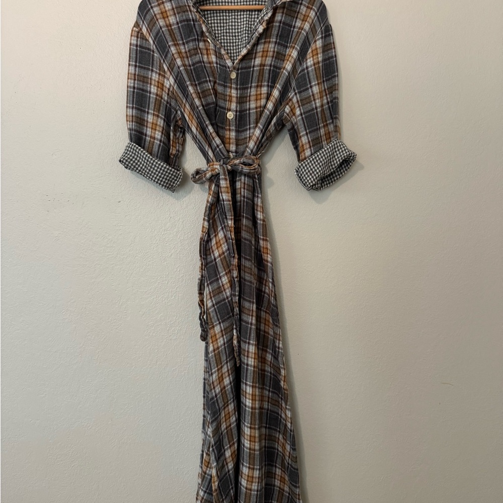Plaid Button-Front Shirt Dress | Tie Waist | Gingham Contrast | Midi Maxi